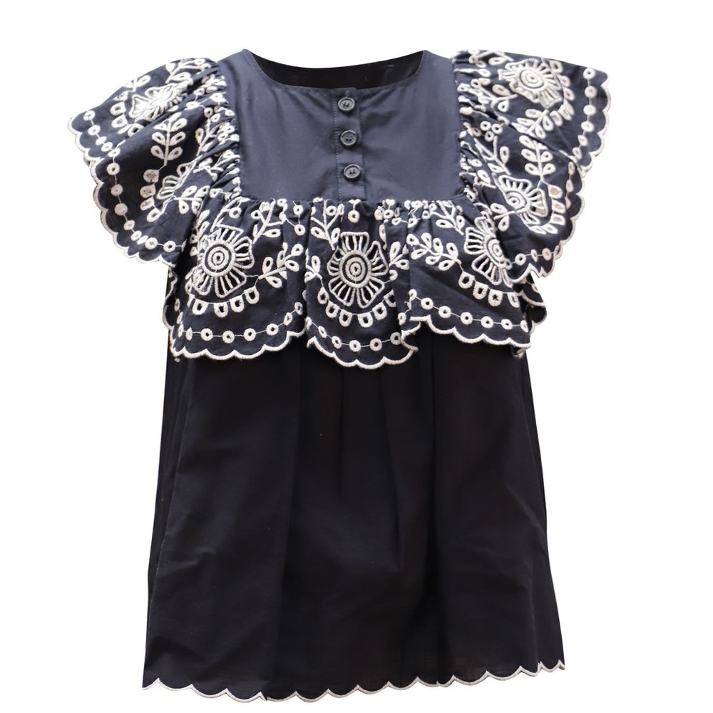 SEA NEW YORK Ruffled Broderie Anglaise Blouse In Navy Blue Cotton (101)
